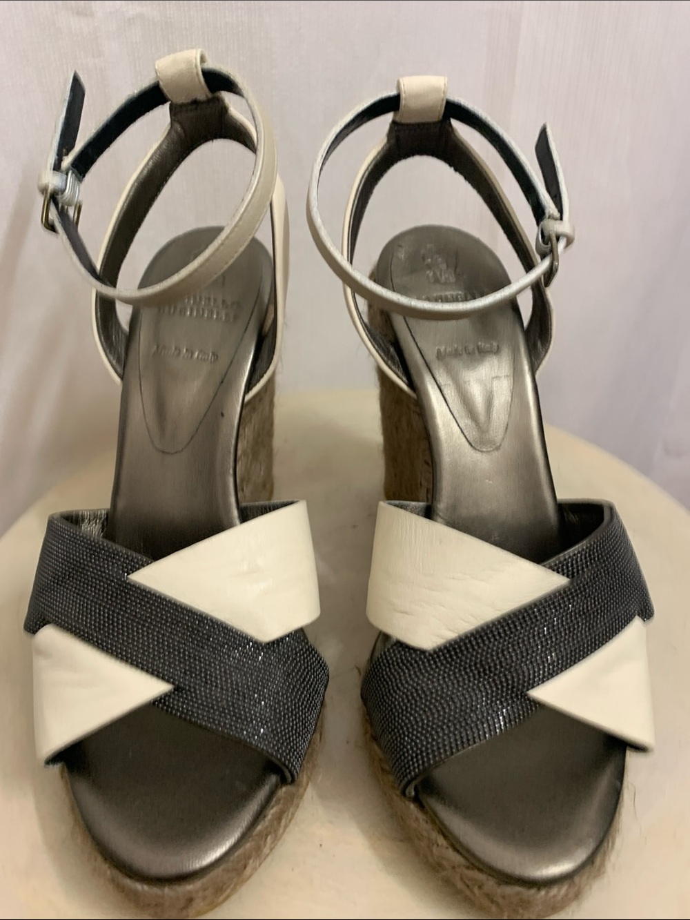 Brunello Cucinelli Espadrille Wedge Platform Crisscross Leather Monilli Beads